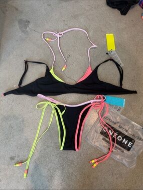 NWT OneOne Swim Neon Trim Black Bikini Set Top Small Bottoms Sz XS